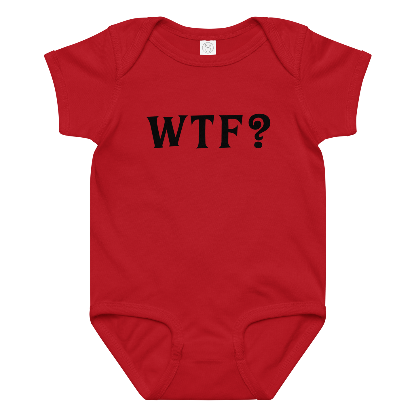 "WTF? (What the f#ck?)" printed on a red baby jersey bodysuit laying on a flat surface amongst other clothes