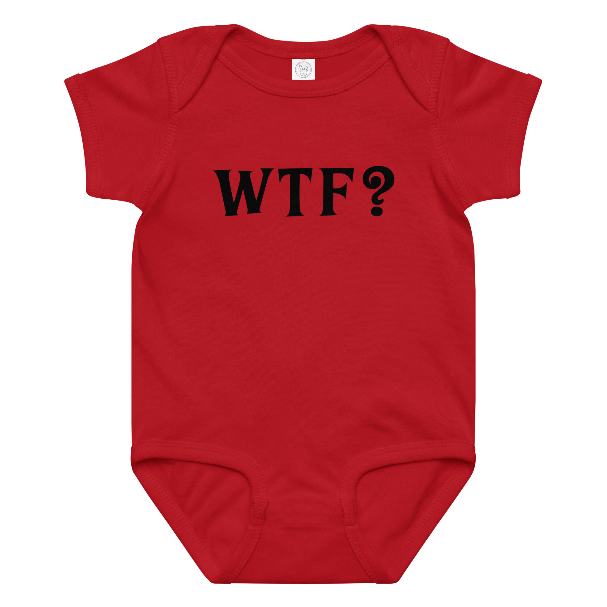 "WTF? (What the f#ck?)" printed on a red baby jersey bodysuit laying on a flat surface amongst other clothes