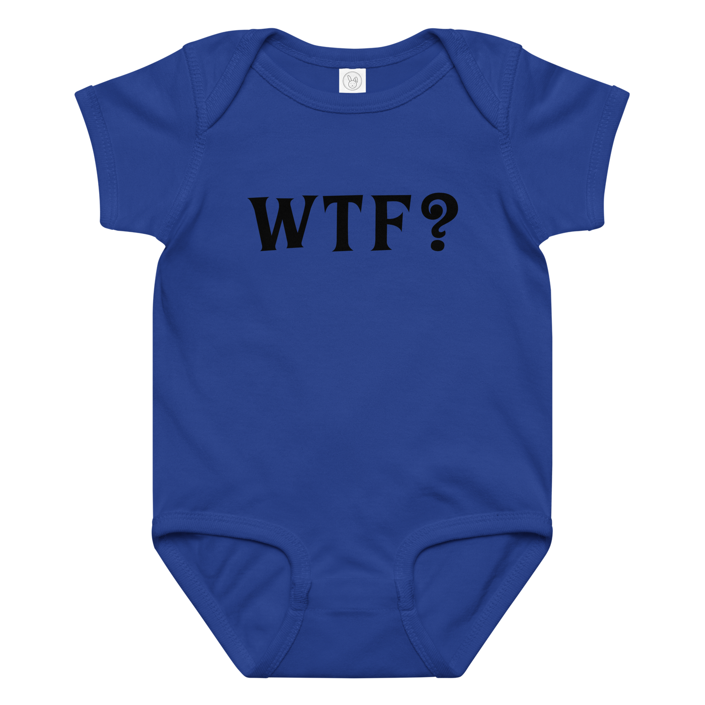"WTF? (What the f#ck?)" printed on a royal baby jersey bodysuit laying on a flat surface amongst other clothes