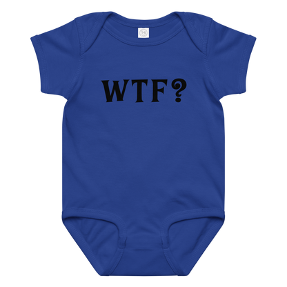 "WTF? (What the f#ck?)" printed on a royal baby jersey bodysuit laying on a flat surface amongst other clothes
