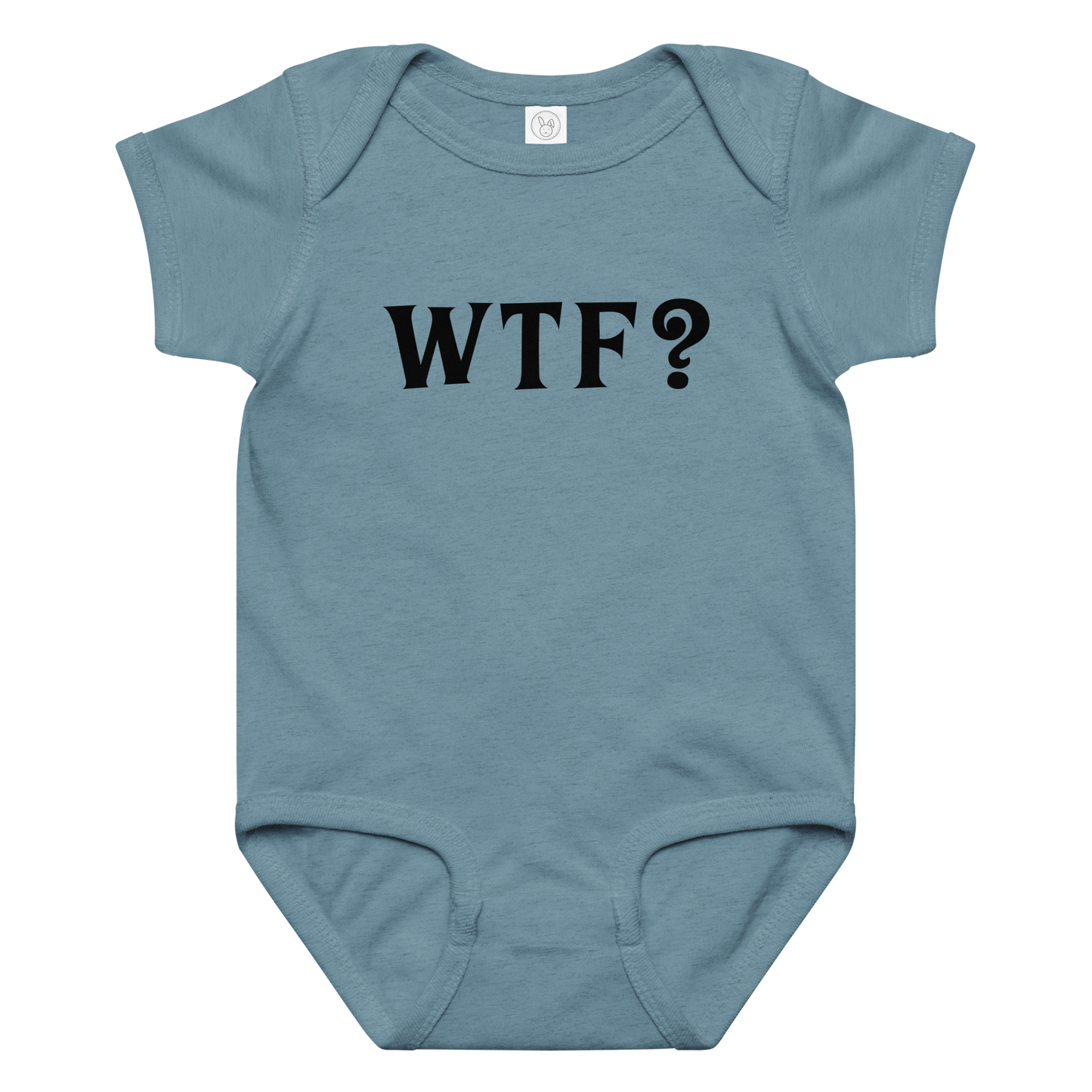 "WTF? (What the f#ck?)" printed on a vintage indigo baby jersey bodysuit laying on a flat surface amongst other clothes
