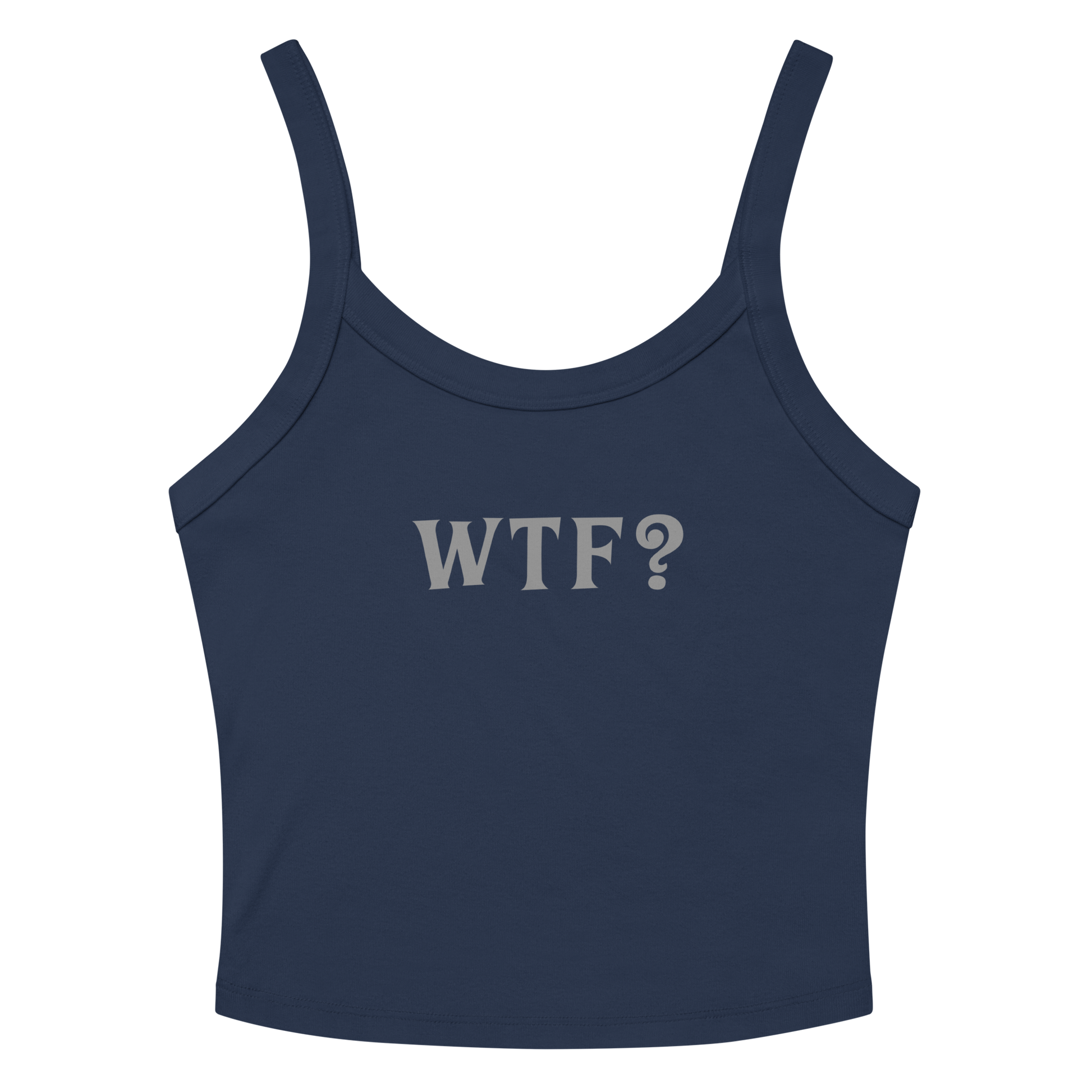 "WTF? (What the f#ck?)" printed on a solid navy blend women's micro-rib tanktop laying on a flat surface amongst sunglasses and shorts