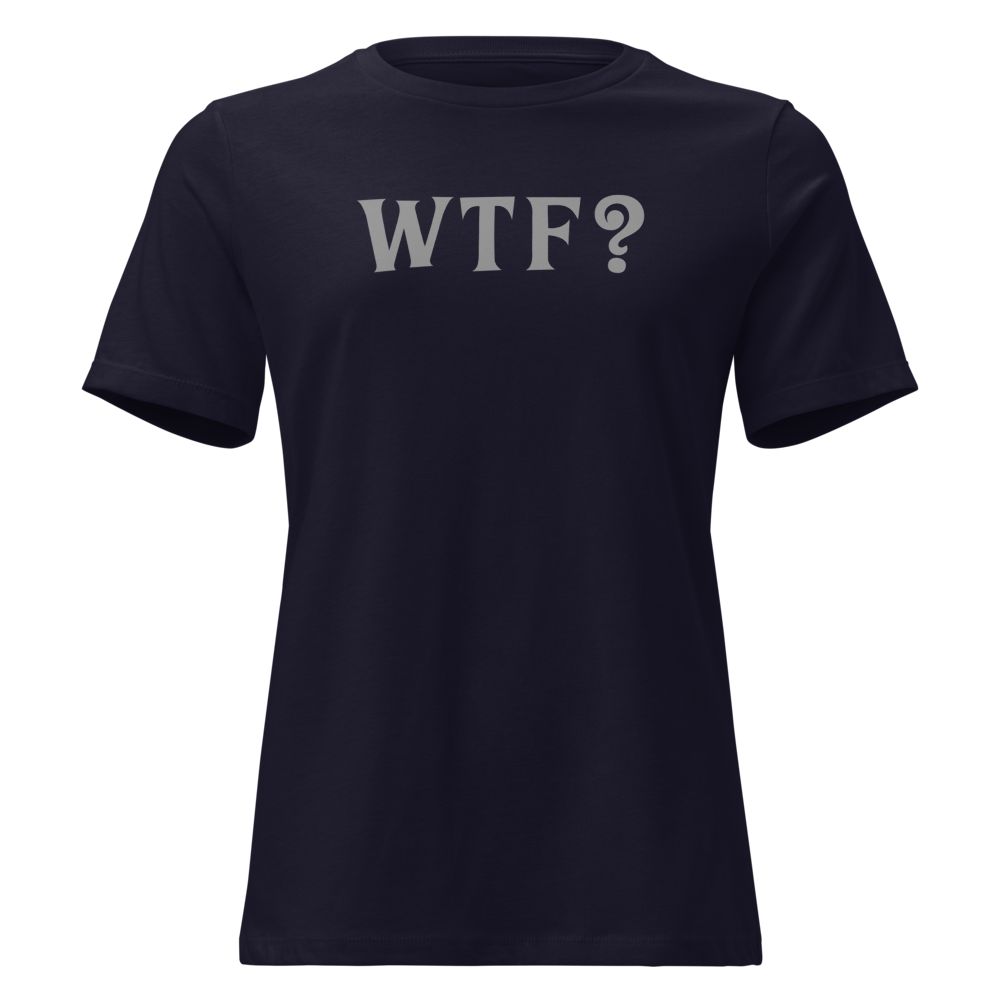 "WTF? (What the f#ck?)" printed on a navy on an invisible / simulated body