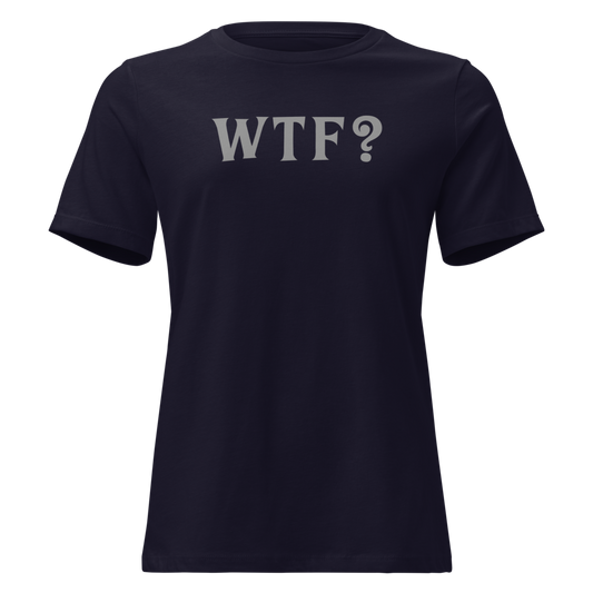 "WTF? (What the f#ck?)" printed on a navy on an invisible / simulated body