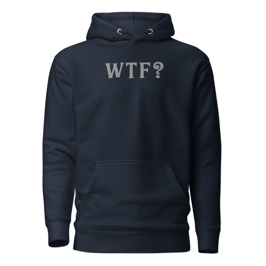 "WTF? (What the f#ck?)" printed on a navy blazer on an invisible / simulated body