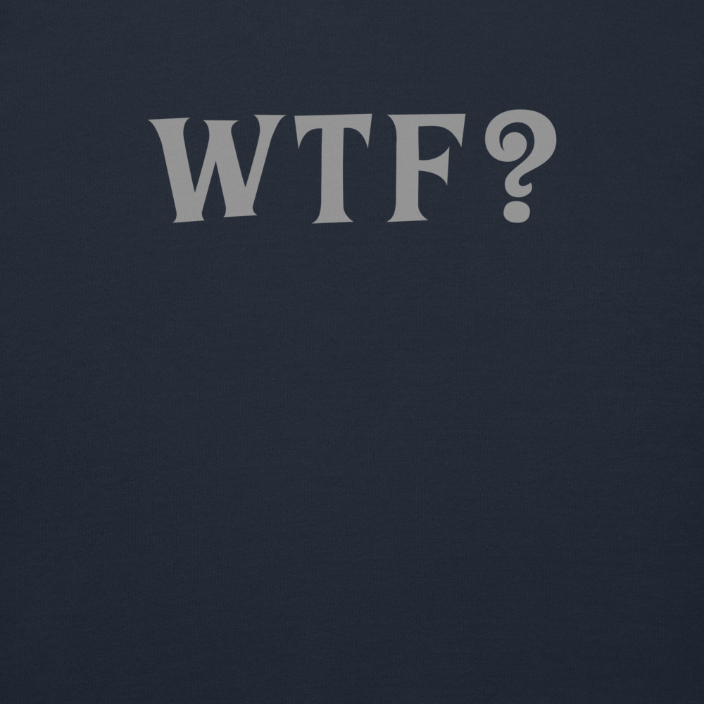 "WTF? (What the f#ck?)" printed on a navy blazer background