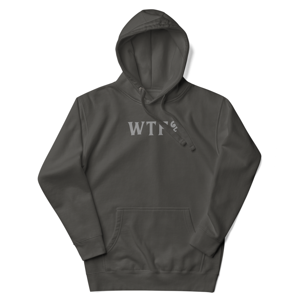 "WTF? (What the f#ck?)" printed on a vintage black unisex hoodie laying on a flat surface with the hood up