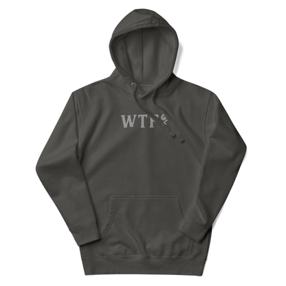 "WTF? (What the f#ck?)" printed on a vintage black unisex hoodie laying on a flat surface with the hood up