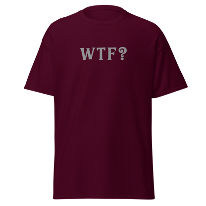 "WTF? (What the f#ck?)" printed on a maroon on an invisible body