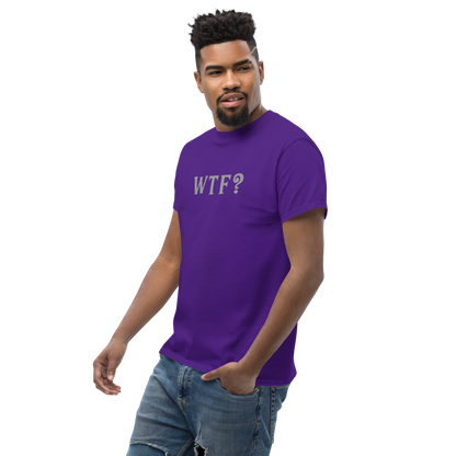 "WTF? (What the f#ck?)" printed on a purple unisex classic tee worn by a male