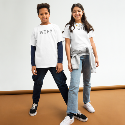 "WTF? (What the f#ck?)" printed on a white youth classic tee worn by a female and male