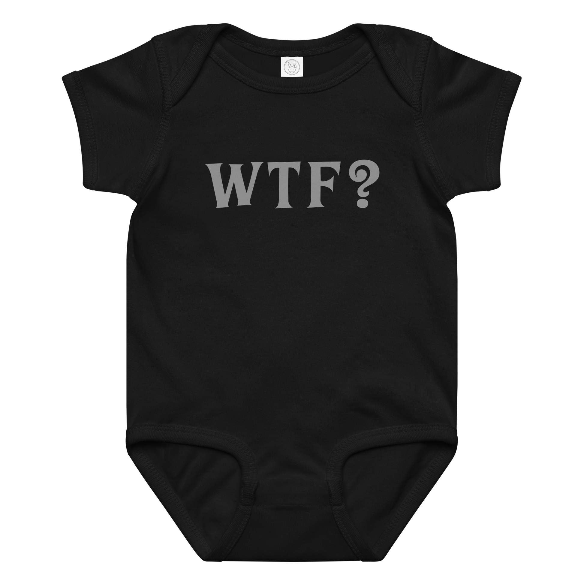 "WTF? (What the f#ck?)" printed on a black baby jersey bodysuit laying on a flat surface amongst other clothes