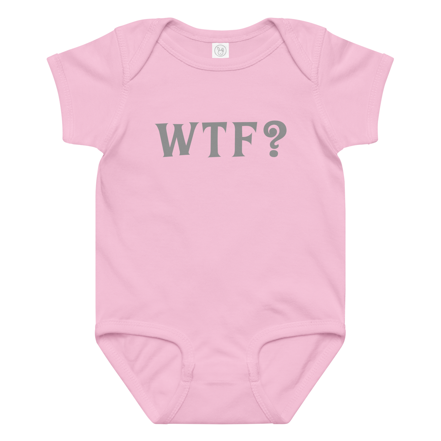 "WTF? (What the f#ck?)" printed on a pink baby jersey bodysuit laying on a flat surface amongst other clothes