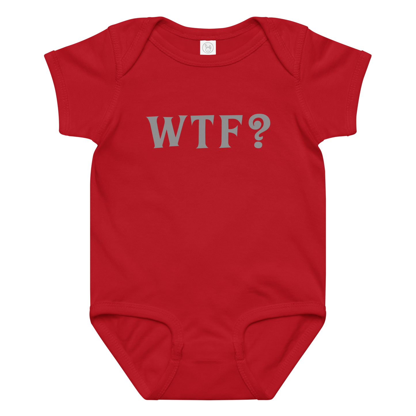 "WTF? (What the f#ck?)" printed on a red baby jersey bodysuit laying on a flat surface amongst other clothes