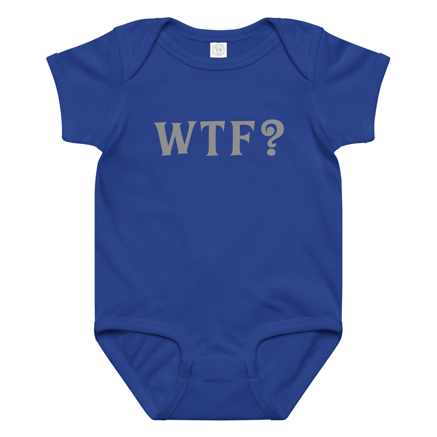 "WTF? (What the f#ck?)" printed on a royal baby jersey bodysuit laying on a flat surface amongst other clothes