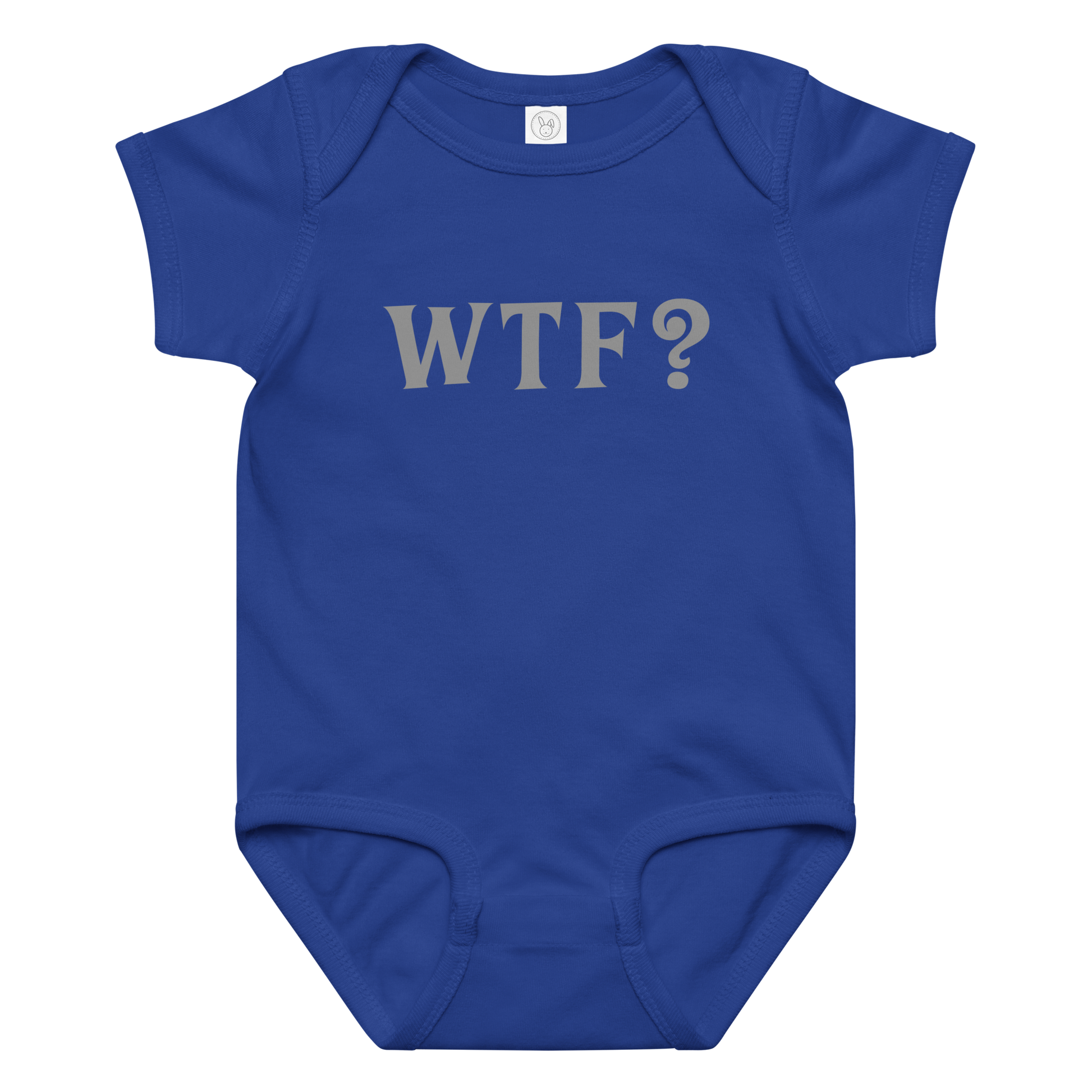 "WTF? (What the f#ck?)" printed on a royal baby jersey bodysuit laying on a flat surface amongst other clothes