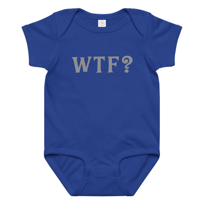 "WTF? (What the f#ck?)" printed on a royal baby jersey bodysuit laying on a flat surface amongst other clothes