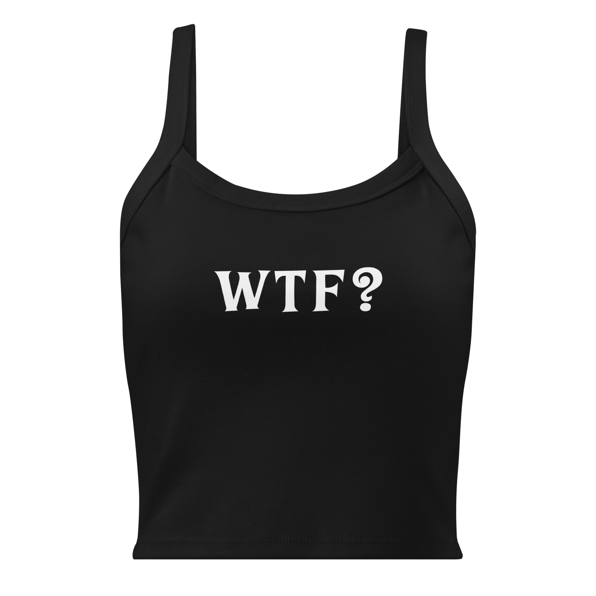 "WTF? (What the f#ck?)" printed on a solid black blend women's micro-rib tanktop laying on a flat surface