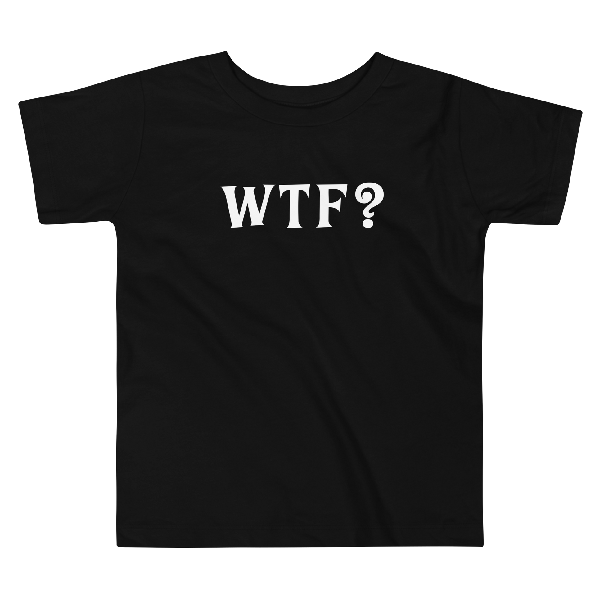 "WTF? (What the f#ck?)" printed on a black toddler short sleeve tee laying on a flat surface