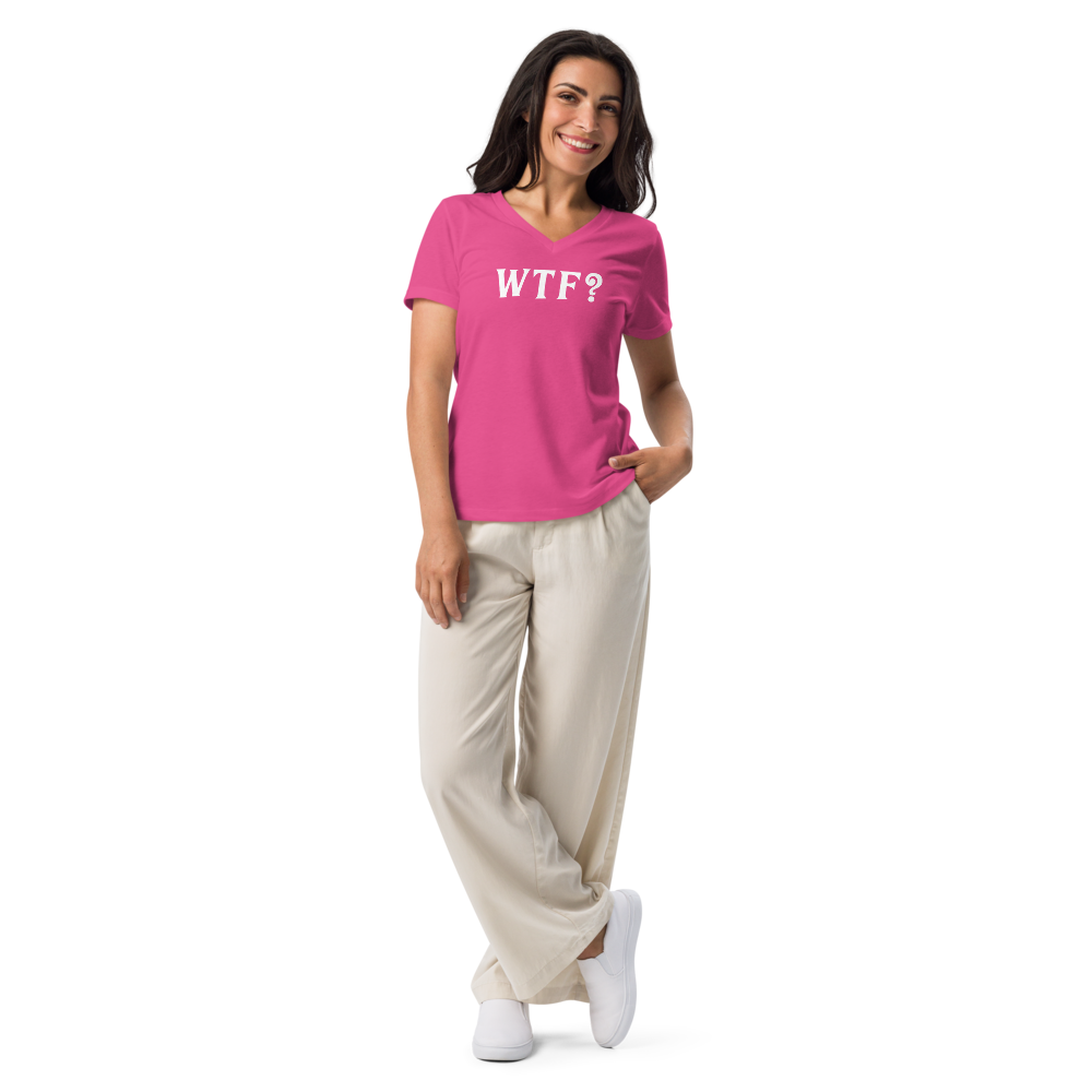 "WTF? (What the f#ck?)" printed on a berry women's relaxed v-neck t-shirt worn by a female