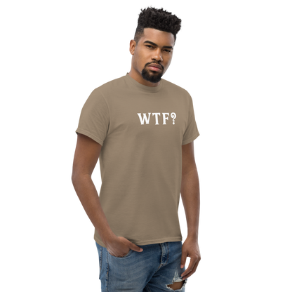 "WTF? (What the f#ck?)" printed on a brown savana unisex classic tee worn by a male