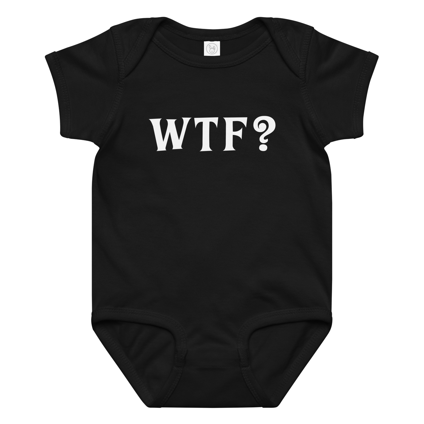 "WTF? (What the f#ck?)" printed on a black baby jersey bodysuit laying on a flat surface amongst other clothes
