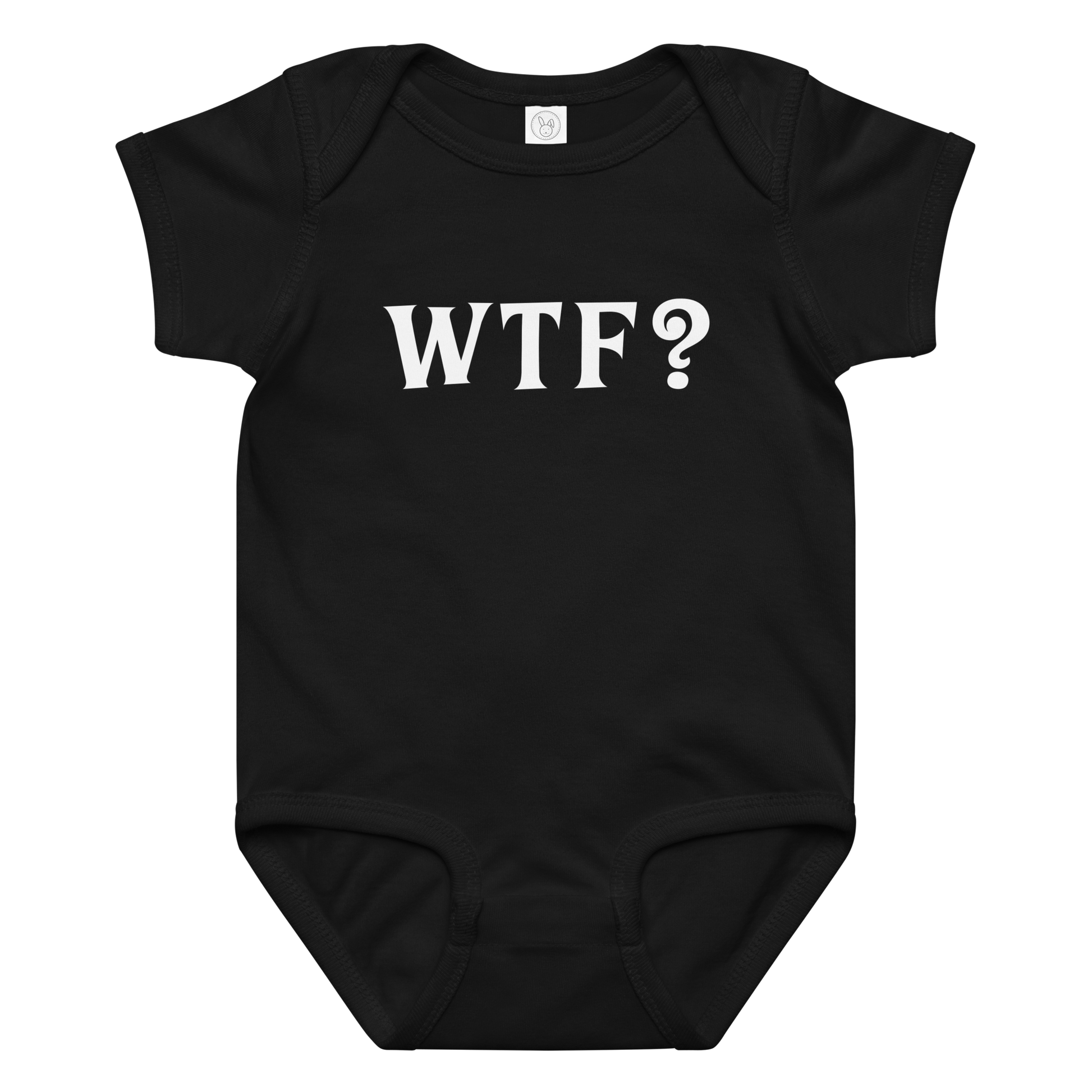 "WTF? (What the f#ck?)" printed on a black baby jersey bodysuit laying on a flat surface amongst other clothes