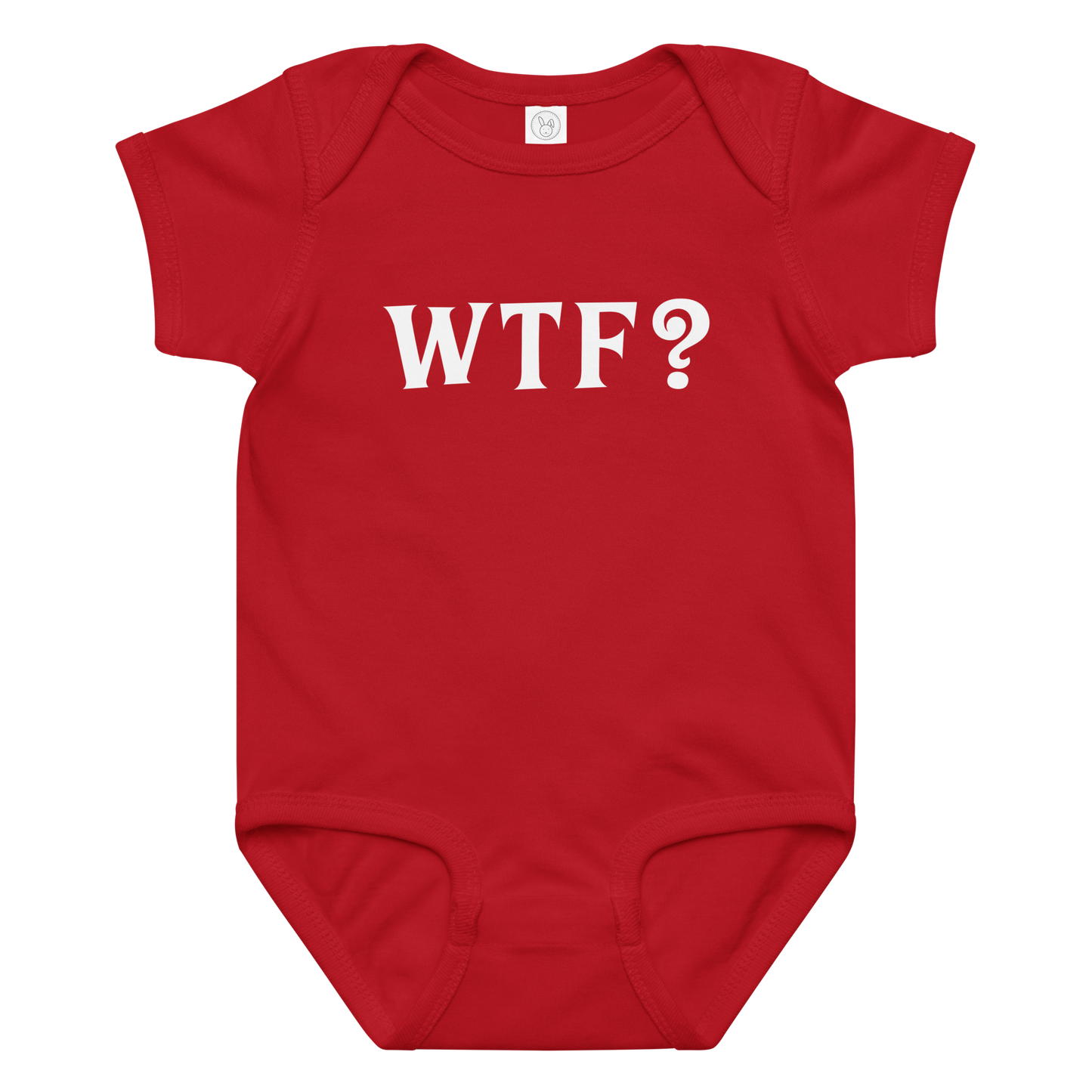 "WTF? (What the f#ck?)" printed on a red baby jersey bodysuit laying on a flat surface amongst other clothes