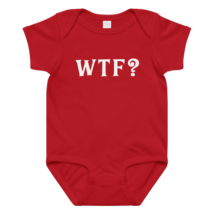 "WTF? (What the f#ck?)" printed on a red baby jersey bodysuit laying on a flat surface amongst other clothes