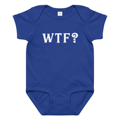"WTF? (What the f#ck?)" printed on a royal baby jersey bodysuit laying on a flat surface amongst other clothes
