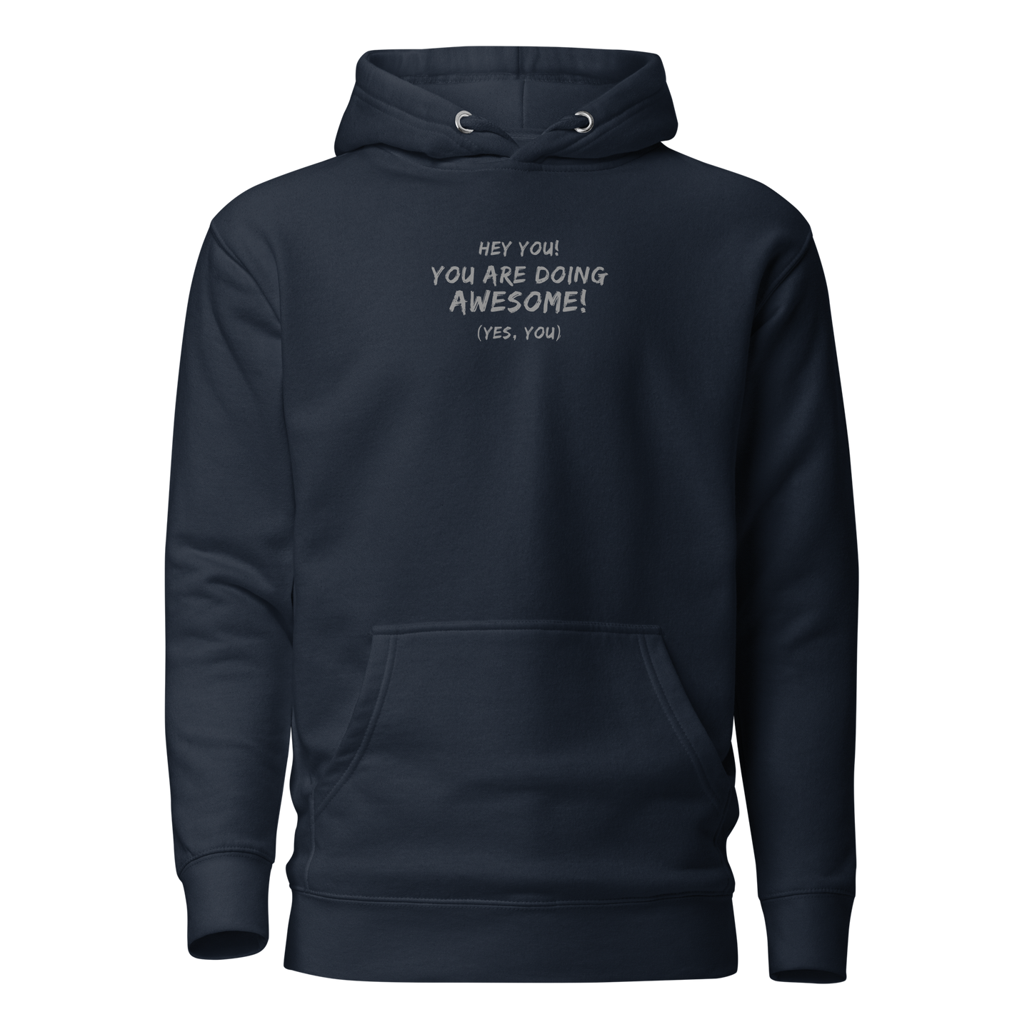 "Hey You! You are doing awesome! (Yes, you)" printed on a navy blazer on an invisible / simulated body