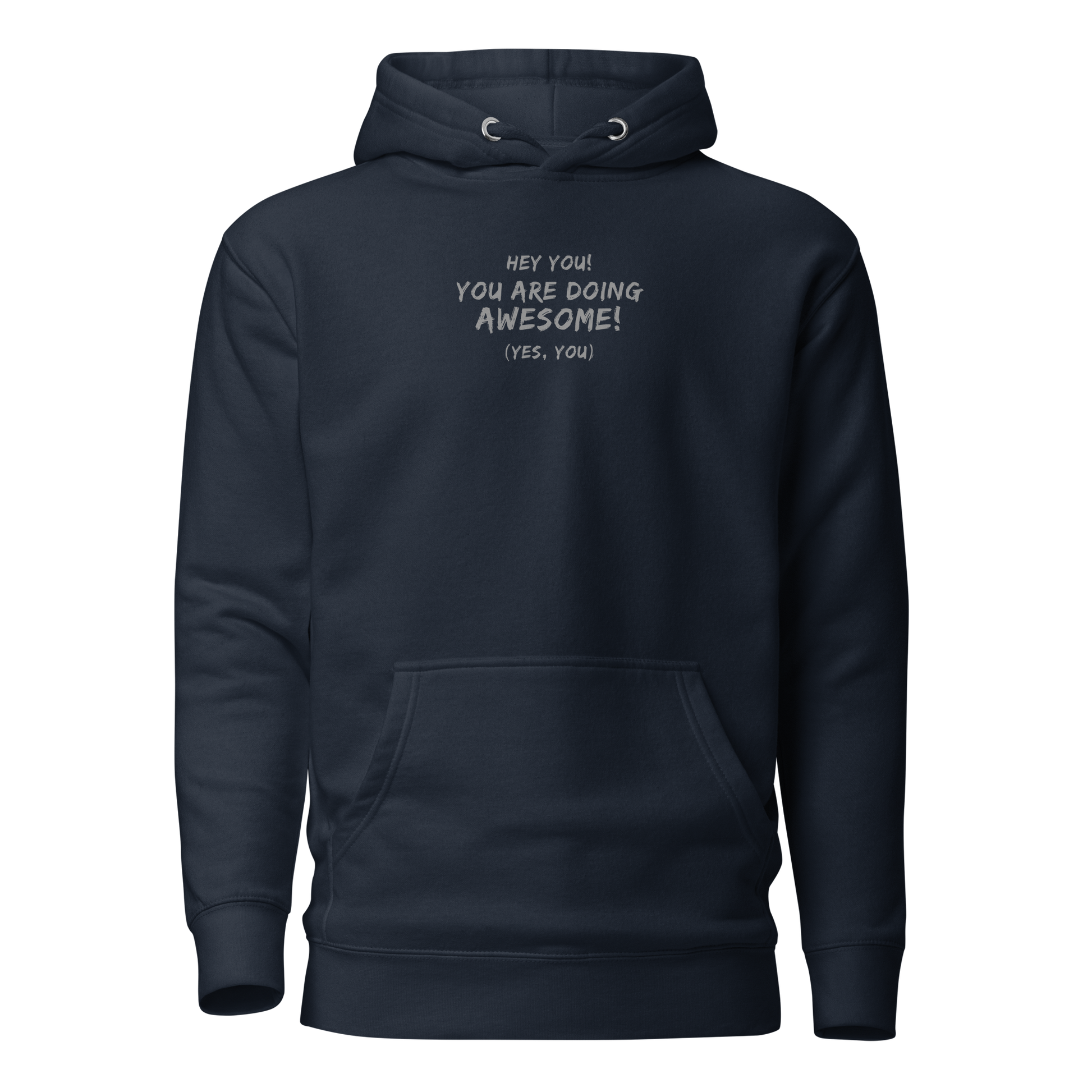 "Hey You! You are doing awesome! (Yes, you)" printed on a navy blazer on an invisible / simulated body