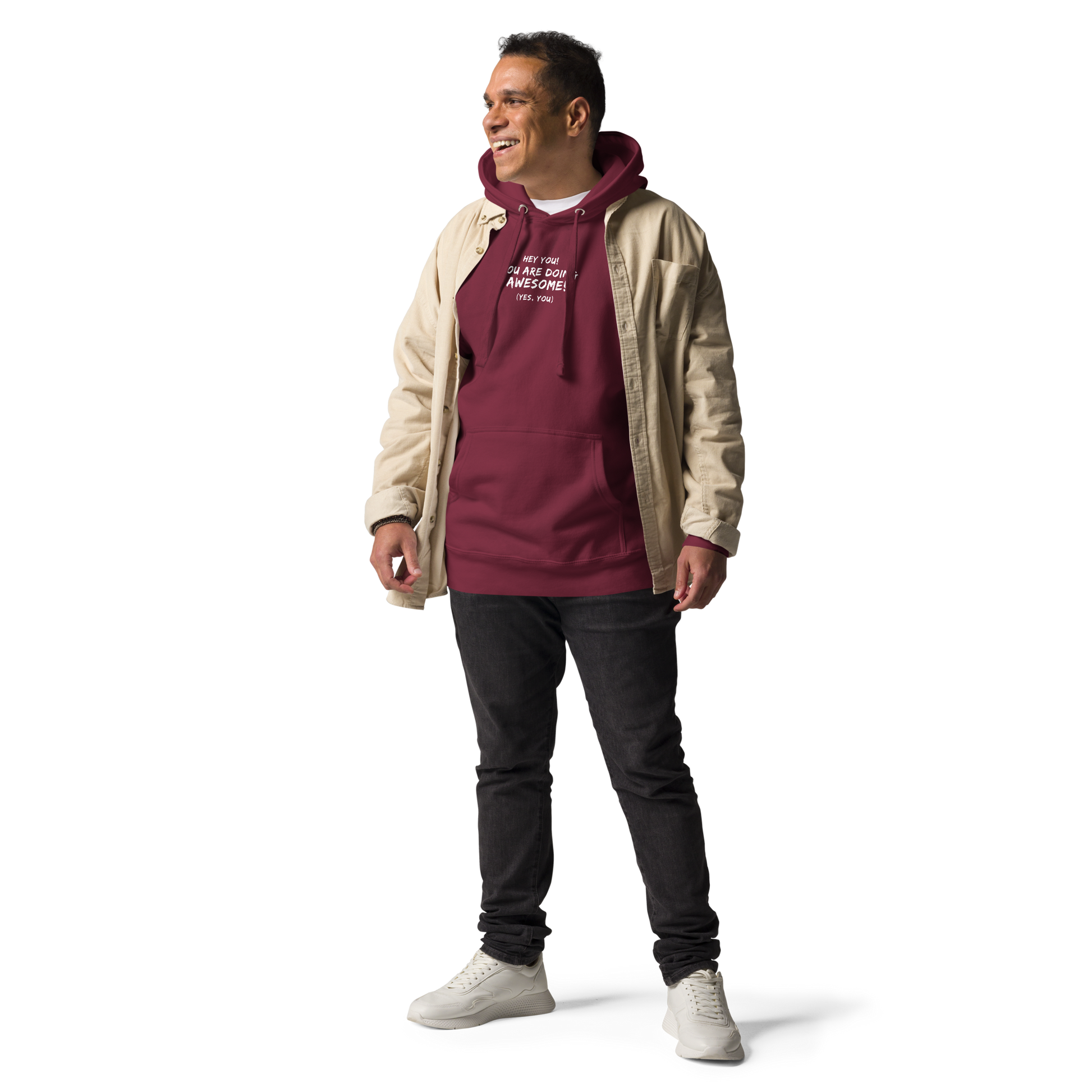 "Hey You! You are doing awesome! (Yes, you)" printed on a maroon unisex hoodie worn by a male with a jacket on top