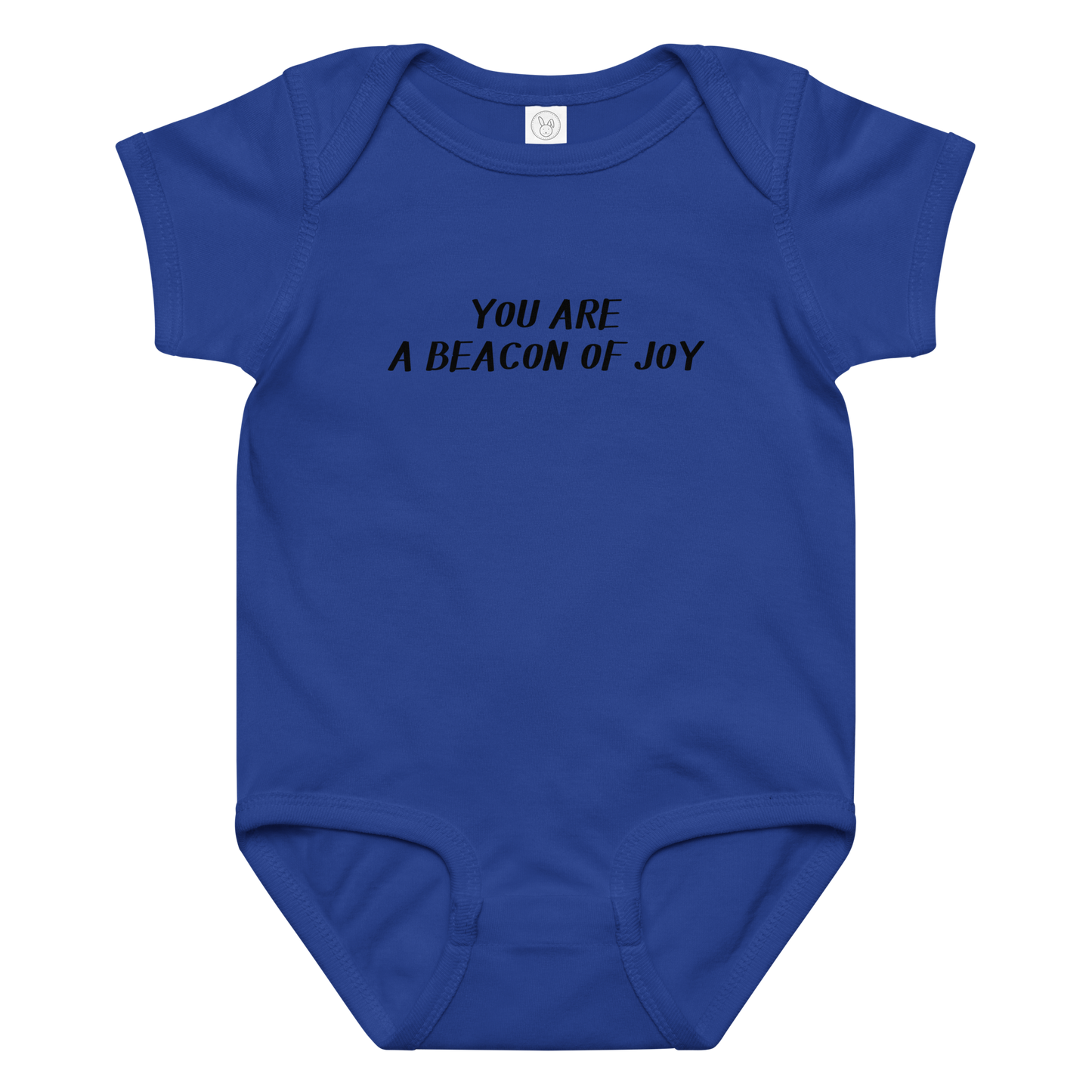"You are a beacon of joy" printed on a royal baby jersey bodysuit laying on a flat surface amongst other clothes