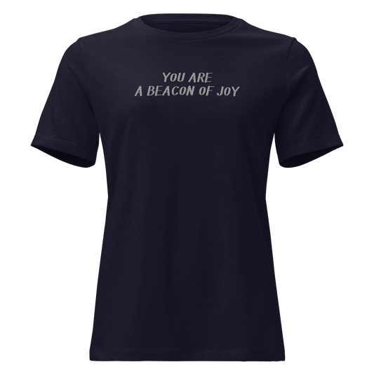 "You are a beacon of joy" printed on a navy on an invisible / simulated body
