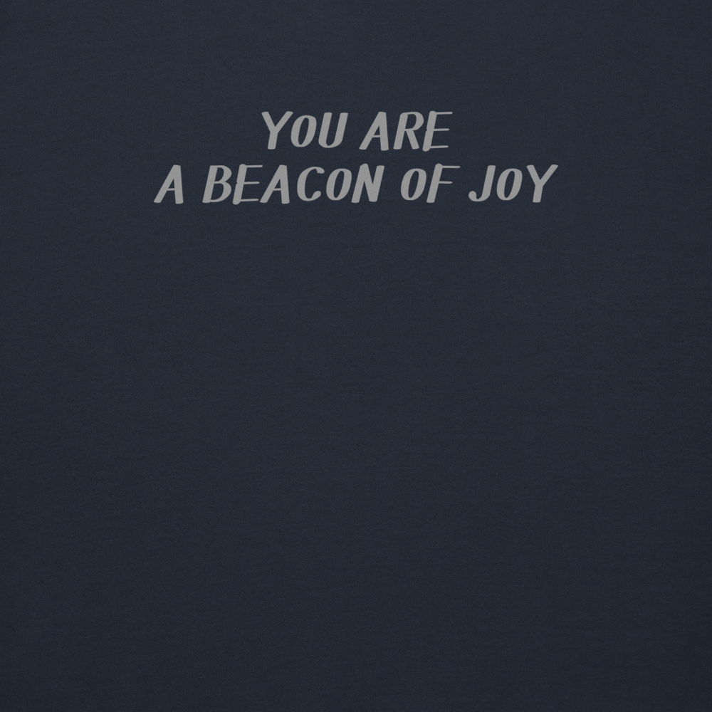 "You are a beacon of joy" printed on a navy blazer background