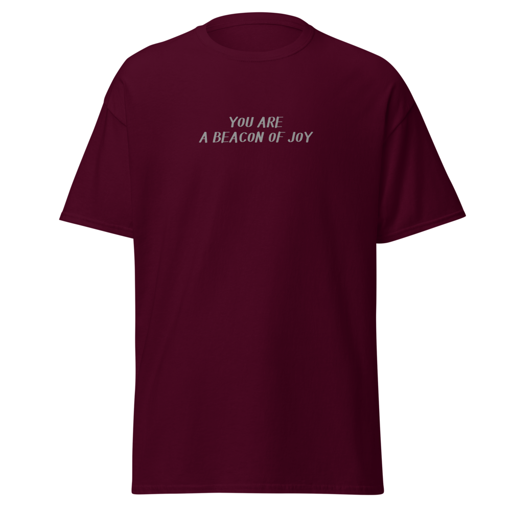 "You are a beacon of joy" printed on a maroon on an invisible body