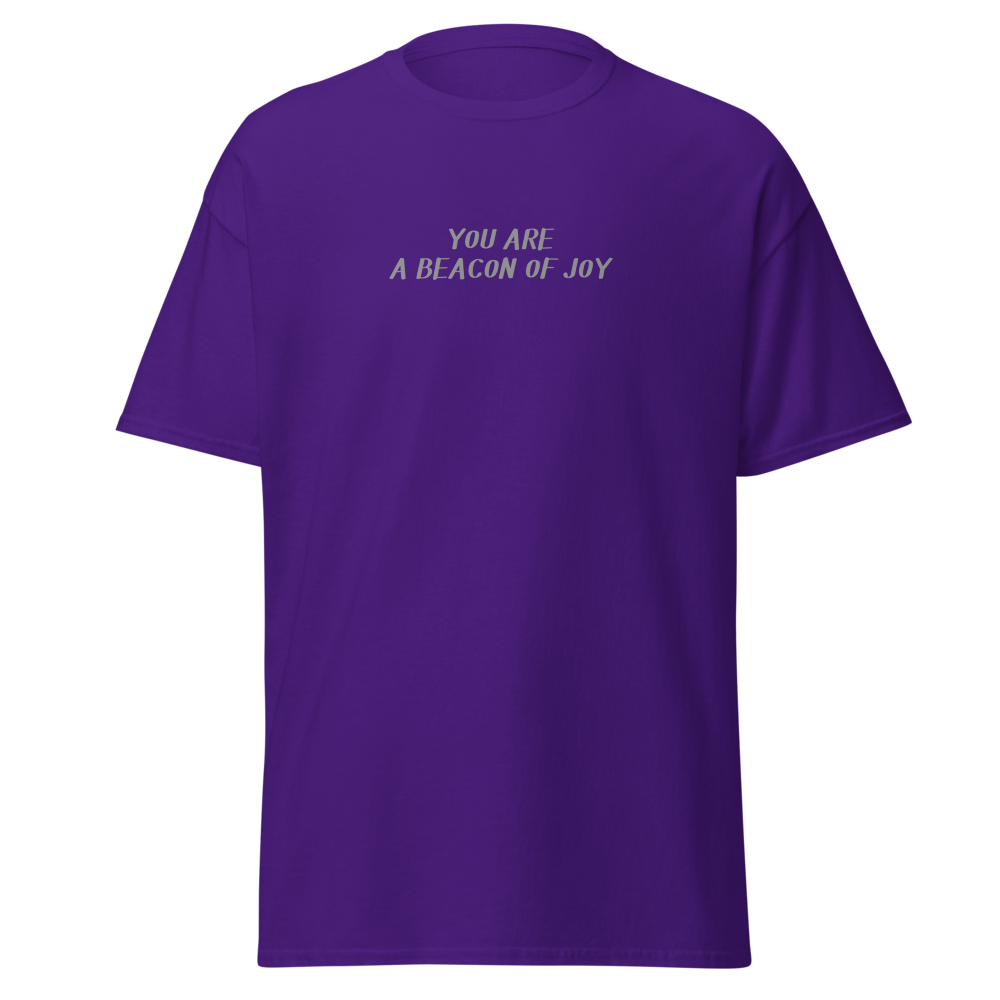 "You are a beacon of joy" printed on a purple on an invisible body