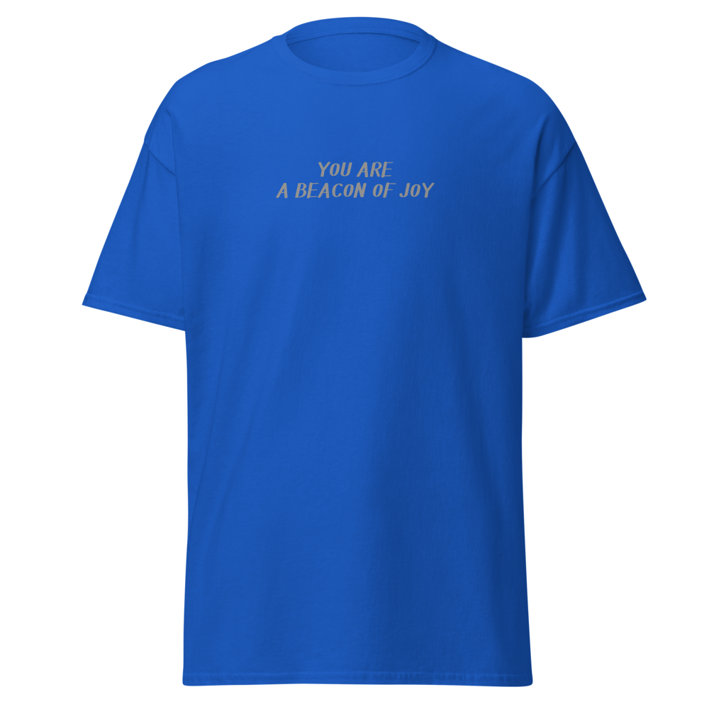 "You are a beacon of joy" printed on a royal on an invisible body