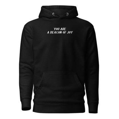 "You are a beacon of joy" printed on a black on an invisible / simulated body