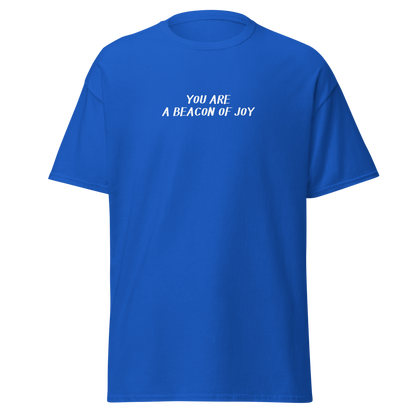 "You are a beacon of joy" printed on a royal on an invisible body