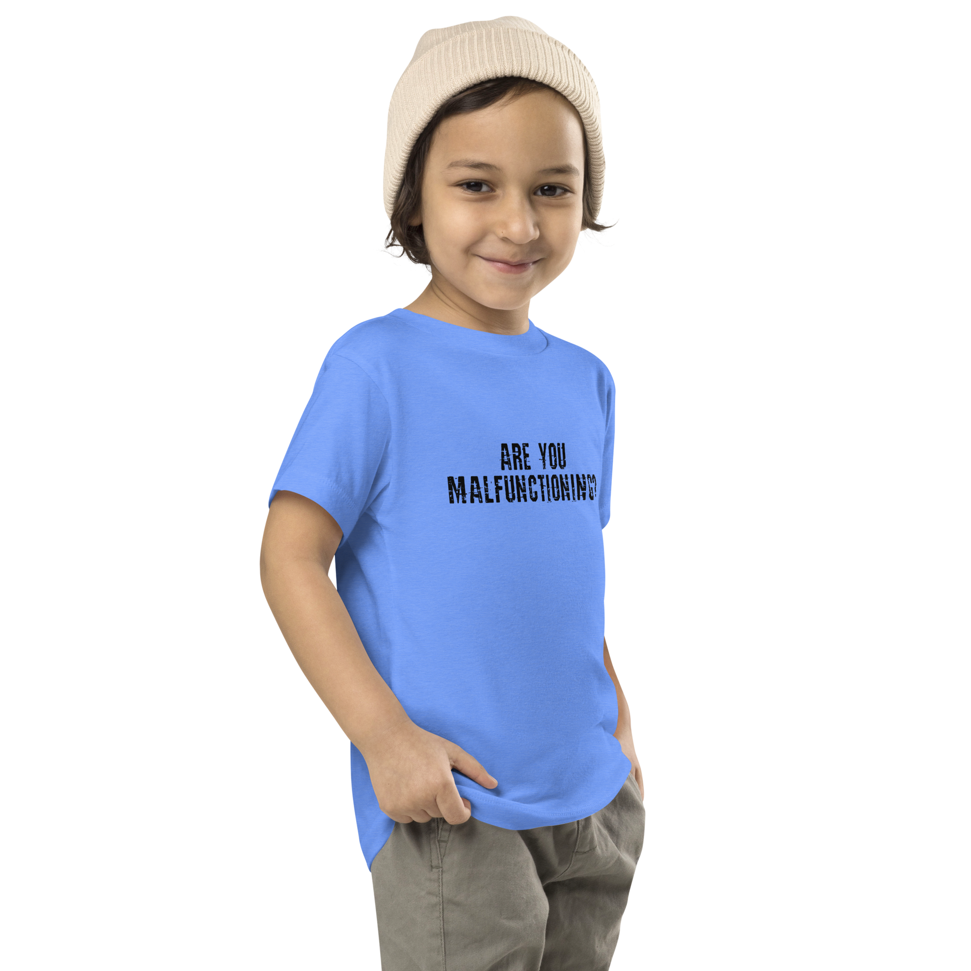 "Are you malfunctioning?" printed on a heather columbia blue toddler short sleeve tee worn by a male who is also wearing a knit cap