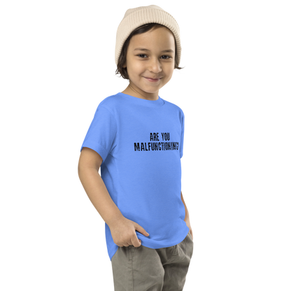 "Are you malfunctioning?" printed on a heather columbia blue toddler short sleeve tee worn by a male who is also wearing a knit cap
