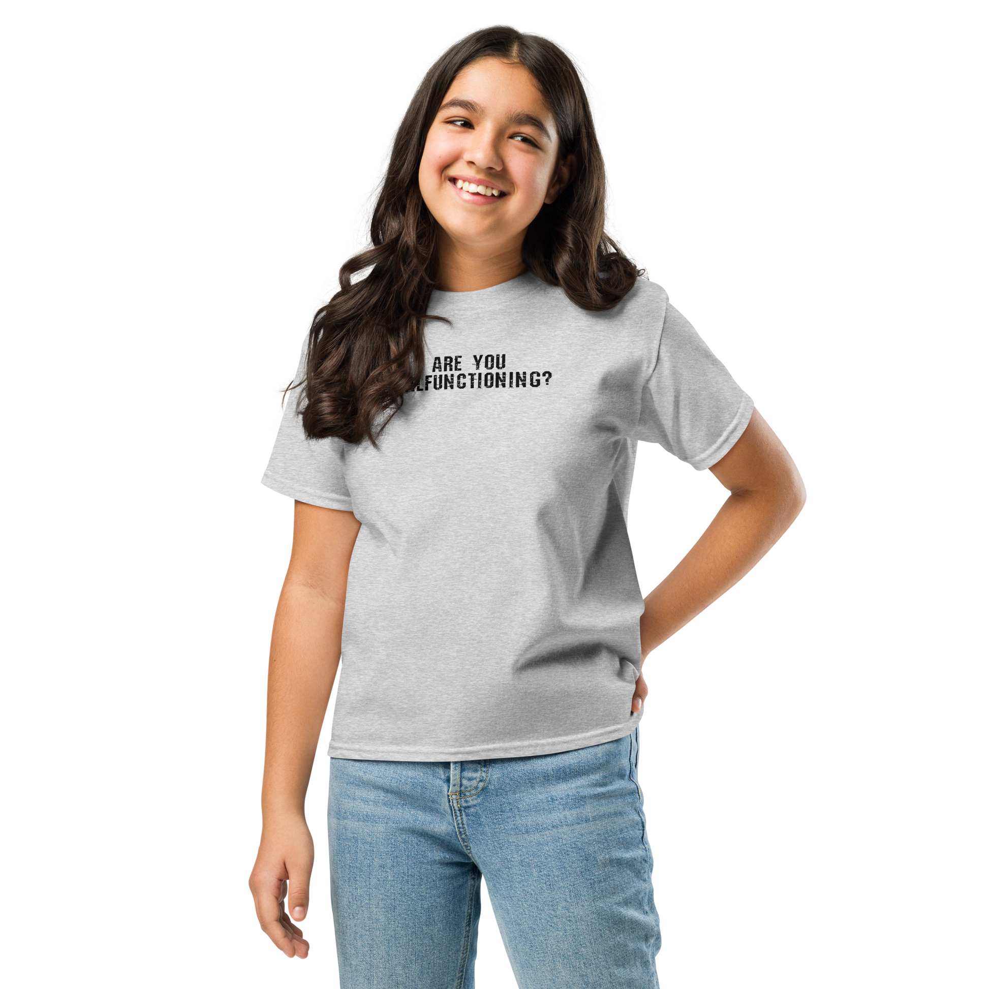 "Are you malfunctioning?" printed on a sport grey youth classic tee worn by a female