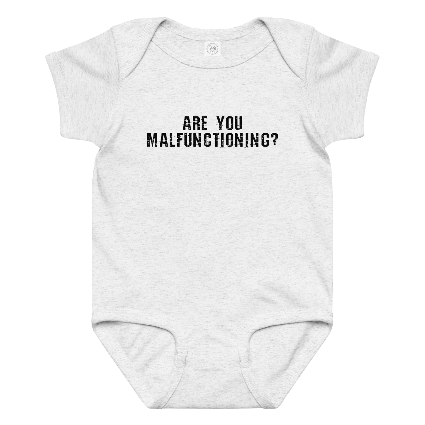 "Are you malfunctioning?" printed on a ash baby jersey bodysuit laying on a flat surface amongst other clothes
