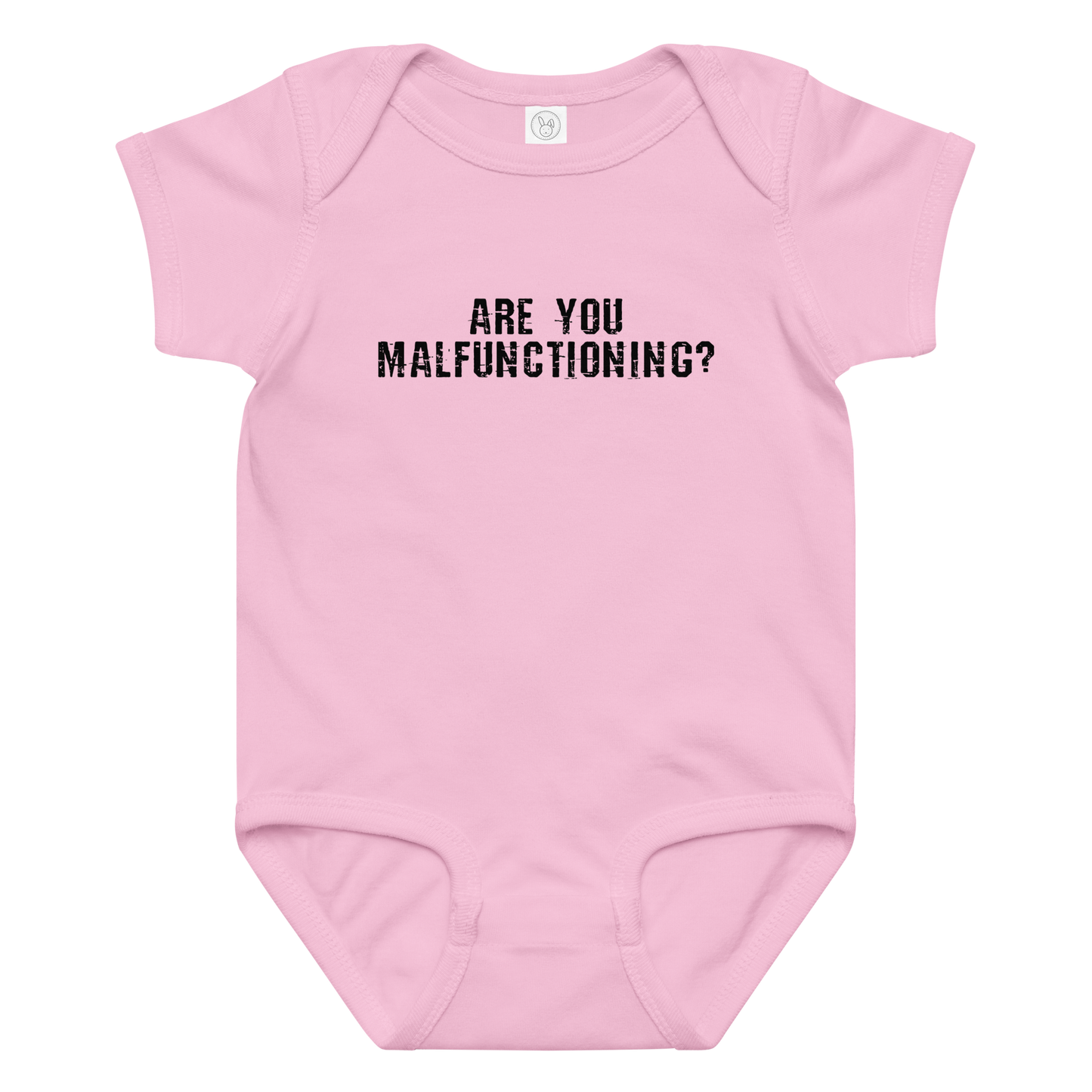 "Are you malfunctioning?" printed on a pink baby jersey bodysuit laying on a flat surface amongst other clothes