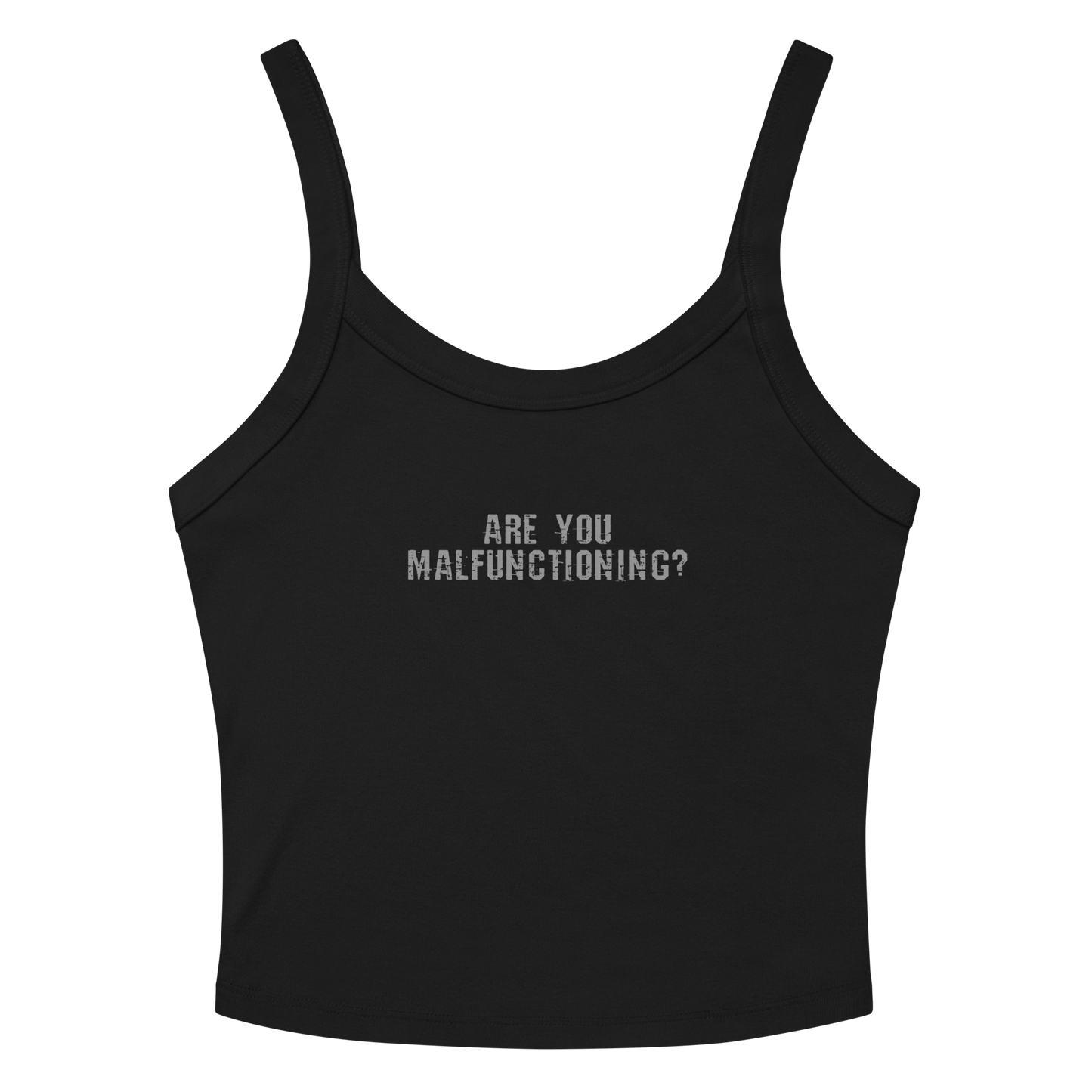 "Are you malfunctioning?" printed on a solid black blend women's micro-rib tanktop laying on a flat surface amongst sunglasses and shorts