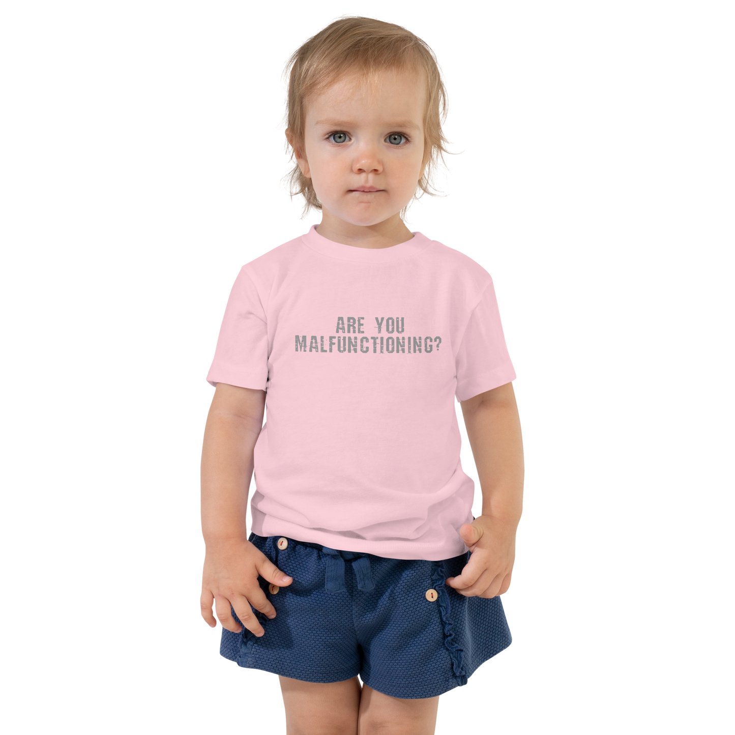 "Are you malfunctioning?" printed on a pink toddler short sleeve tee worn by a female