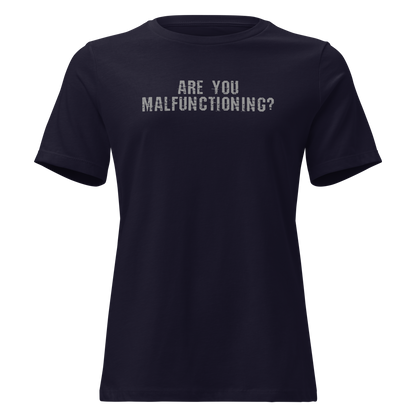 "Are you malfunctioning?" printed on a navy on an invisible / simulated body