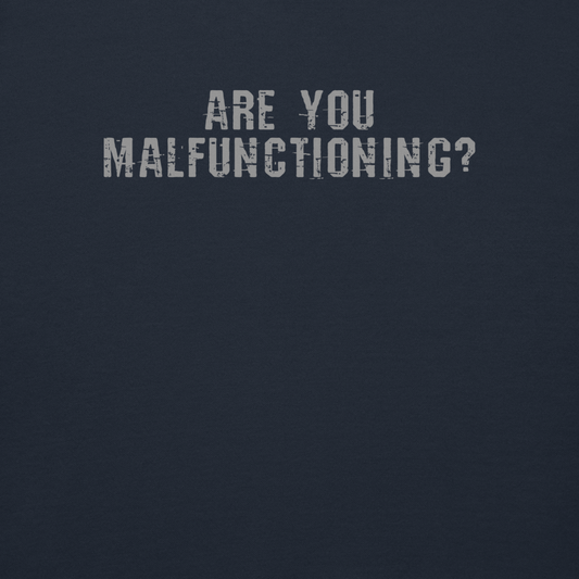 "Are you malfunctioning?" printed on a navy blazer background